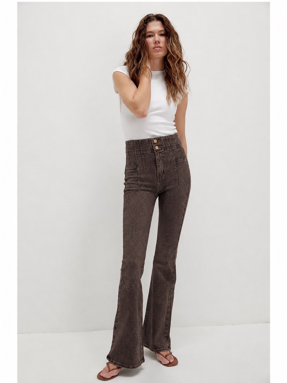 We The Free Free People Jayde Brown Printed High Rise Flare Pants 29